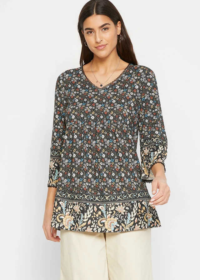 Shirt tuniek van viscose, Kleur: zwart alpenblauw kaneelrood latte macchiato mat beige lichtolijfgroen mat rietgroen wolwit gebloemd
