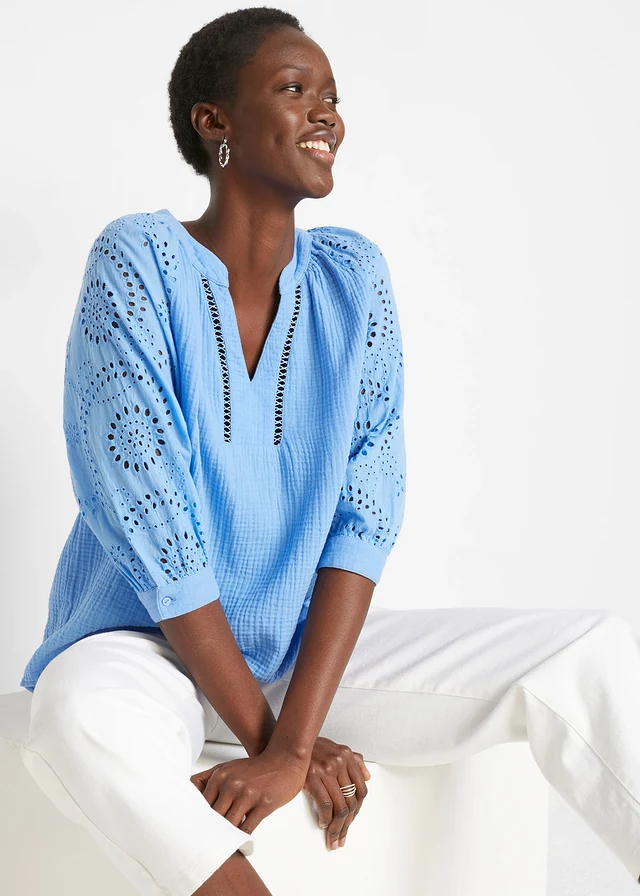 Tuniek van luchtige mousseline, Kleur: middenblauw