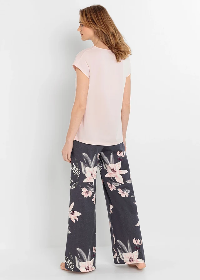 Pyjama avec pantalon large, Couleur: rose tendre-myrtille imprimé