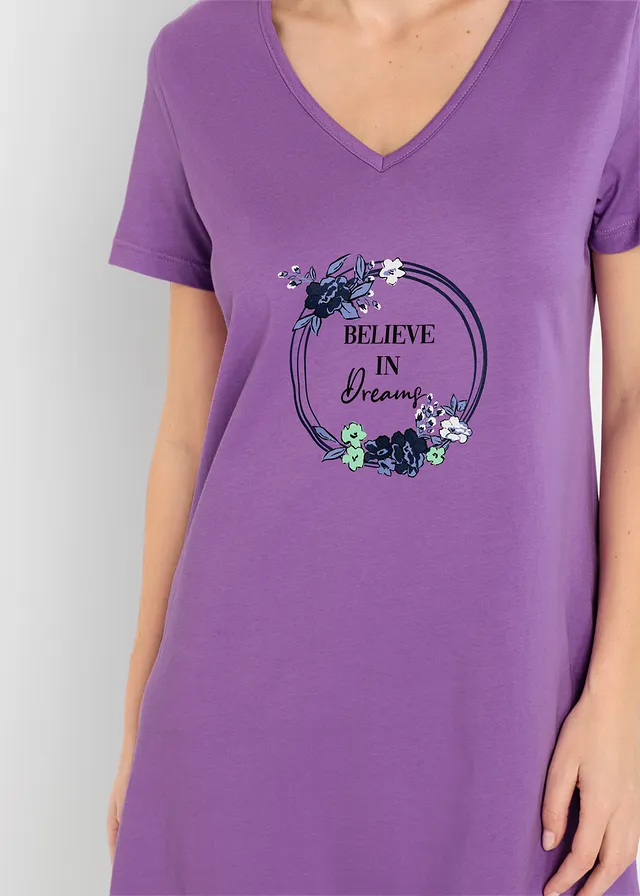 Lot de 2 chemises de nuit courtes 100% coton, Couleur: mauve profond + myrtille
