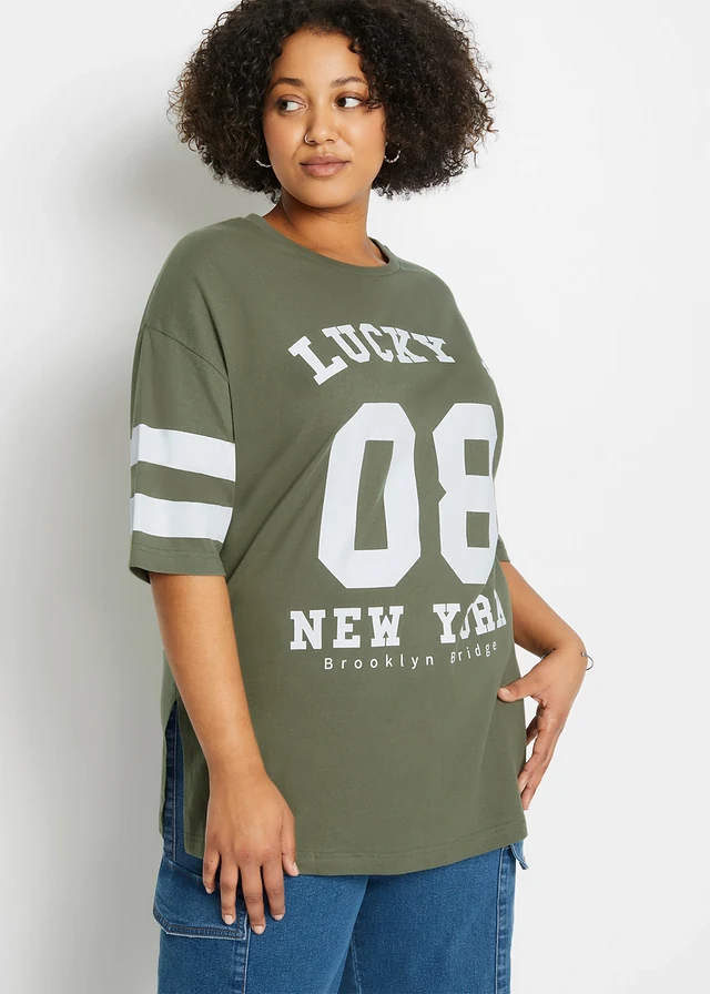 T-shirt oversize 100% coton, Couleur: olive/blanc imprimé