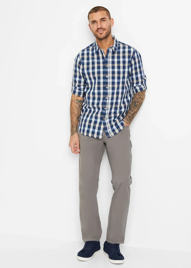 Chemise manches longues 100% coton, Couleur: bleu profond carreaux