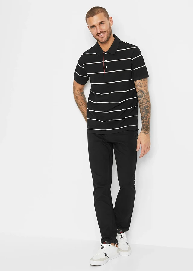 Lot de 2 polos en maille piquée, 100% coton, Couleur: noir-blanc rayé + noir uni