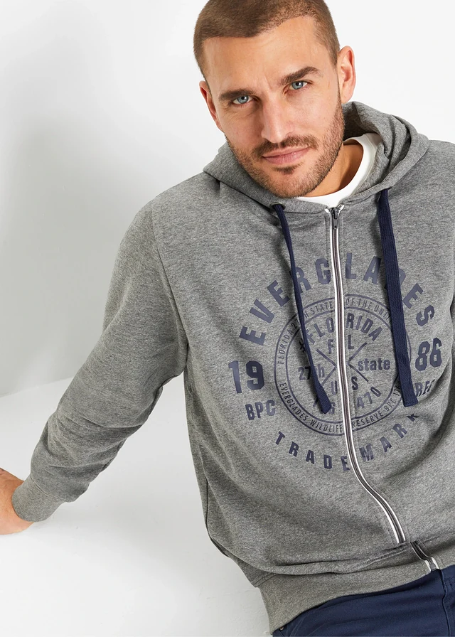 Sweat à capuche zippé confortable • gris chiné imprimé • product-page.page-title-suffix