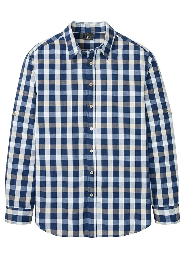 Chemise manches longues 100% coton, Couleur: bleu profond carreaux