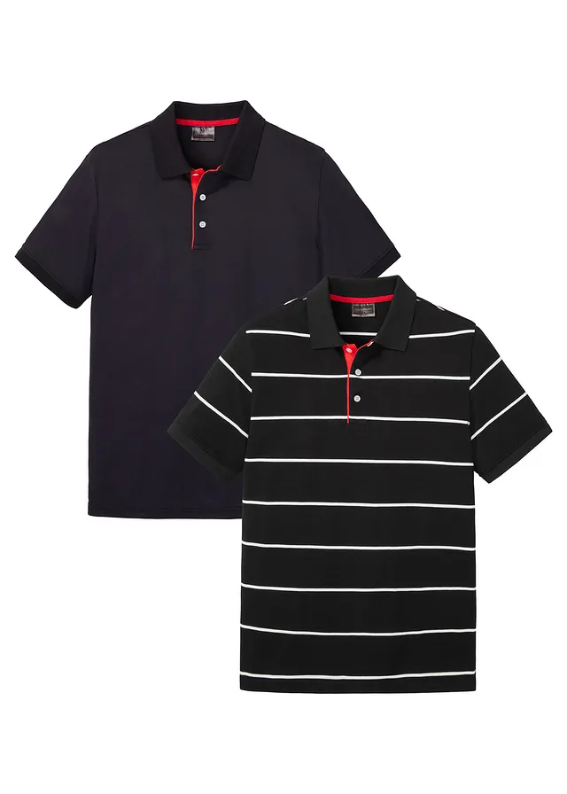 Lot de 2 polos en maille piquée, 100% coton, Couleur: noir-blanc rayé + noir uni