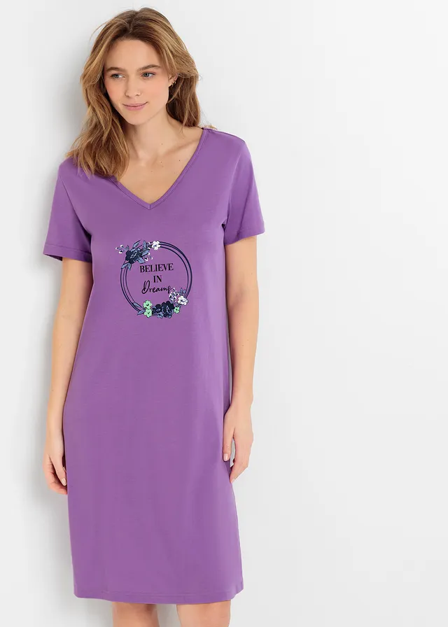 Lot de 2 chemises de nuit courtes 100% coton, Couleur: mauve profond + myrtille