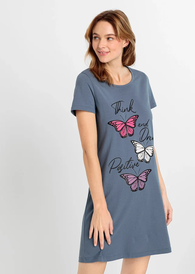 Chemise de nuit courte 100% coton, Couleur: bleu fumé imprimé