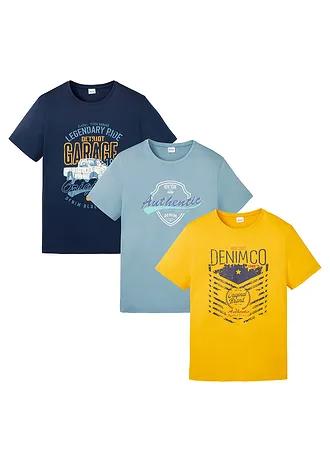 Lot de 3 T-shirts • bleu minéral + bleu foncé + jaune safran imprimé • Boutique bonprix