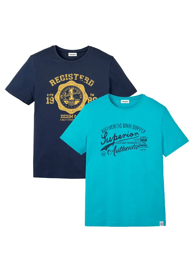 Tricou (set/2 buc.) • verde-smarald + marin imprimat • magazin bonprix