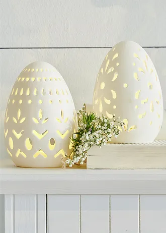 Objet déco LED œuf de Pâques avec perforations (Ens. 2 pces.), Couleur: blanc