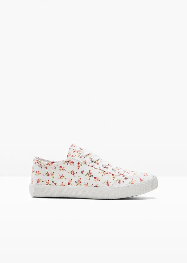 Sneakers van katoenen canvas, Kleur: wit - rood gebloemd