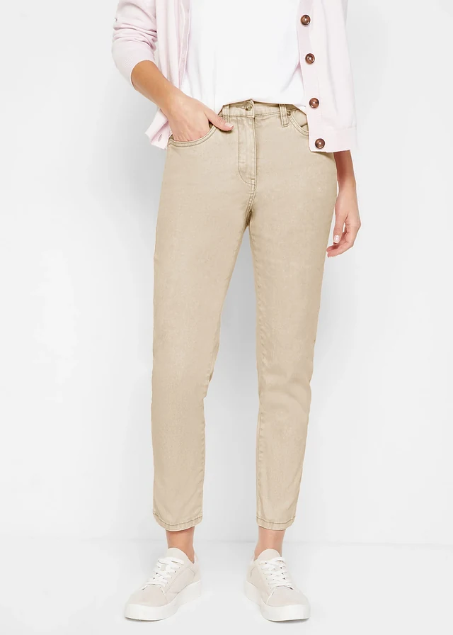 Cropped twill broek in used look, Kleur: lichtsand