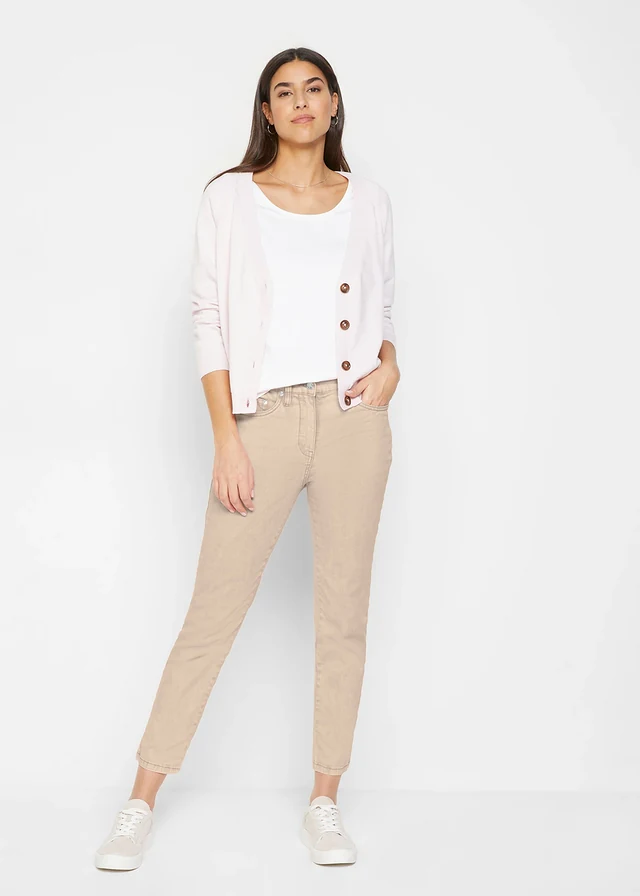 Cropped twill broek in used look, Kleur: lichtsand