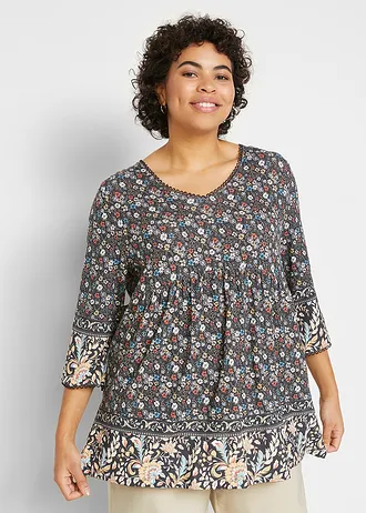 Shirt tuniek van viscose, Kleur: zwart alpenblauw kaneelrood latte macchiato mat beige lichtolijfgroen mat rietgroen wolwit gebloemd