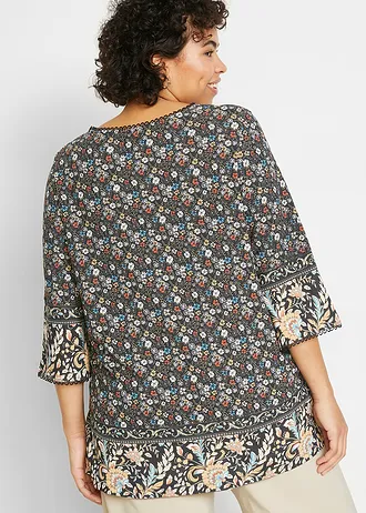 Shirt tuniek van viscose, Kleur: zwart alpenblauw kaneelrood latte macchiato mat beige lichtolijfgroen mat rietgroen wolwit gebloemd