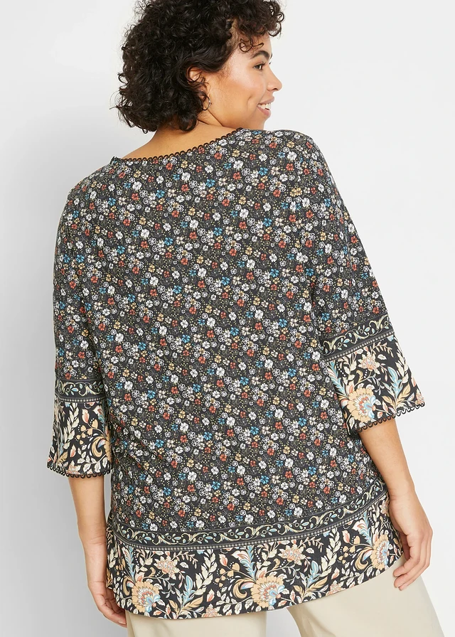T-shirt long, Couleur: noir floral