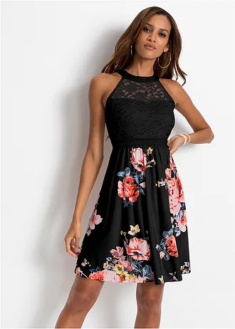 Robe en jersey avec dentelle • noir-rose floral • Boutique bonprix