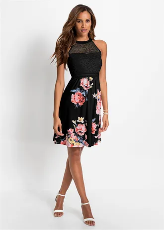 Robe en jersey avec dentelle • noir-rose floral • Boutique bonprix