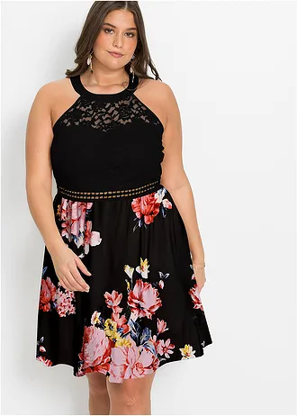 Rochie din jerse cu dantelă, culoare: negru-roz pal înflorat