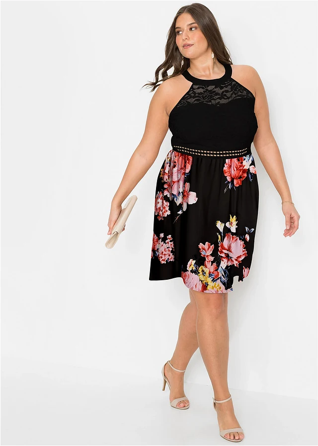 Robe en jersey avec dentelle, Couleur: noir/rose floral