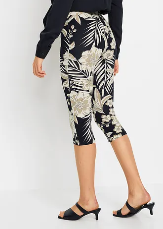 Capri kalhoty • černo-béžová s květy • bonprix obchod