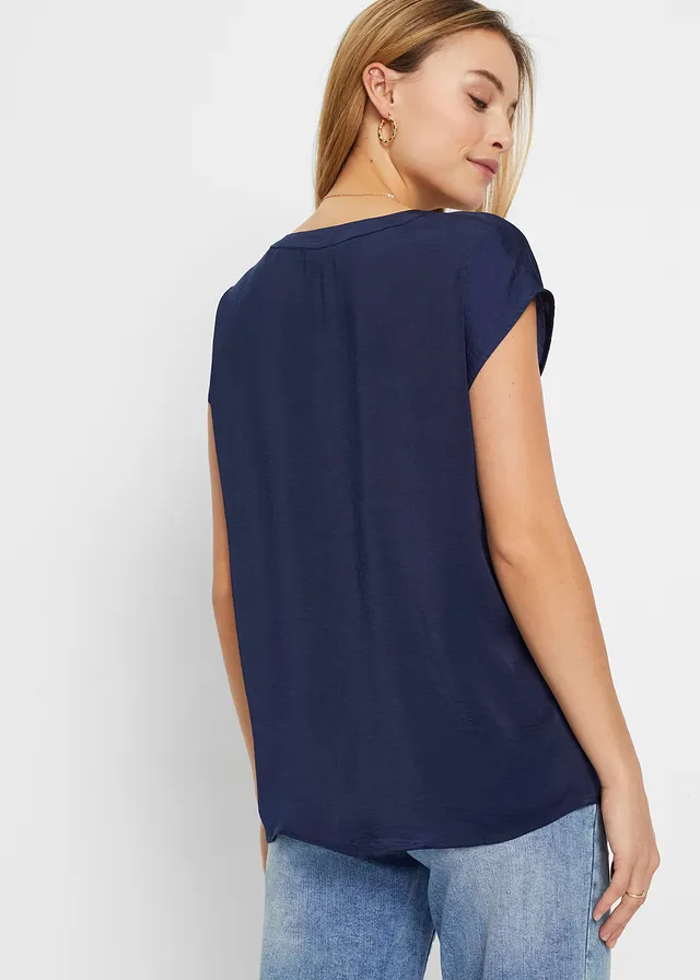 Satijnen tuniek met korte mouwen en oversized schouders, Kleur: donkerblauw