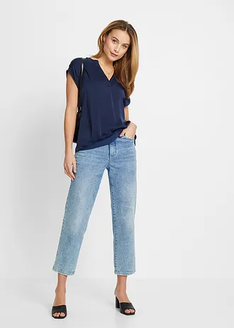 Satijnen tuniek met korte mouwen en oversized schouders, Kleur: donkerblauw