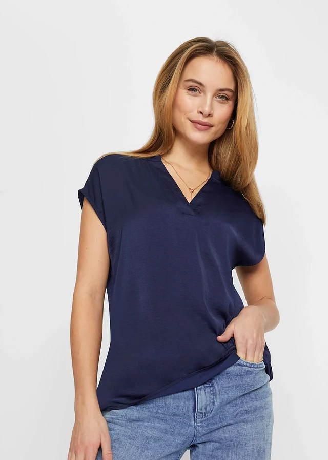 Satijnen tuniek met korte mouwen en oversized schouders