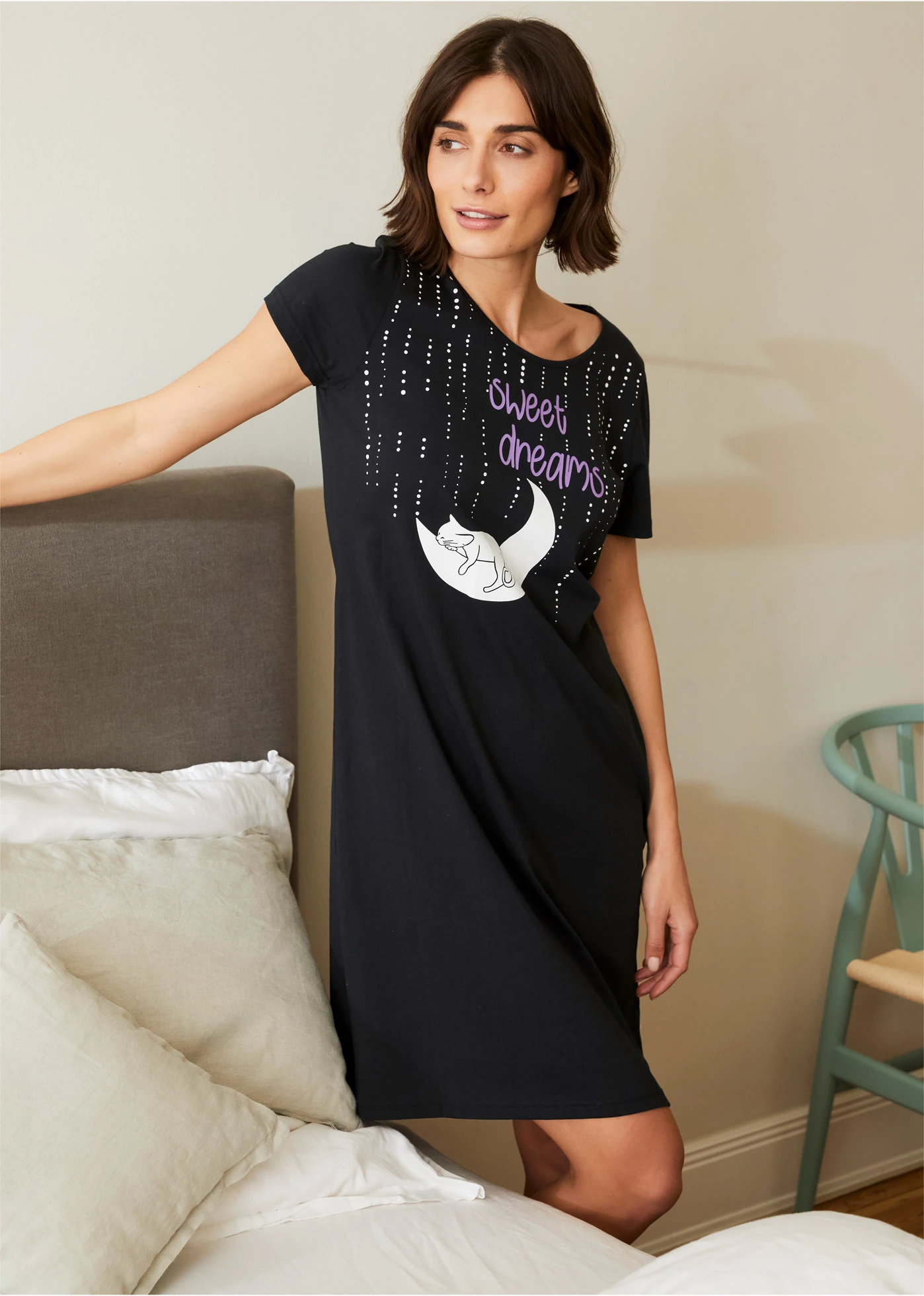 Cămașă de noapte scurtă  din bumbac organic 100% • negru • magazin bonprix