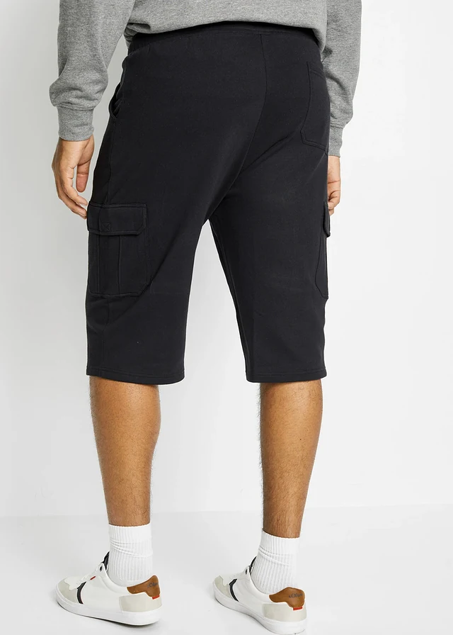 Bermuda cargo long en sweat 100% coton, Couleur: noir