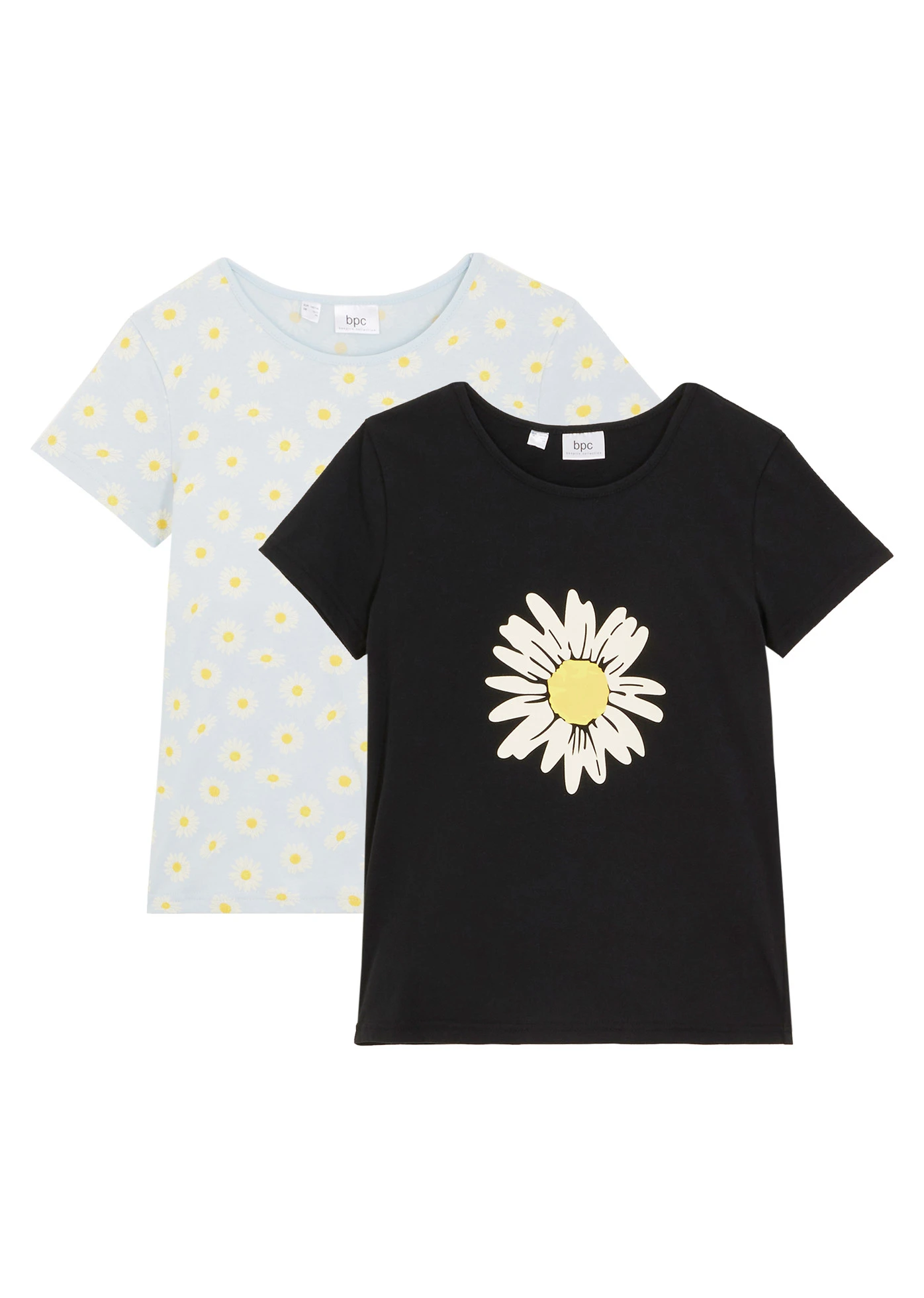Lot de 2 T-shirts 100% coton • bleu poudré + noir floral • Boutique bonprix