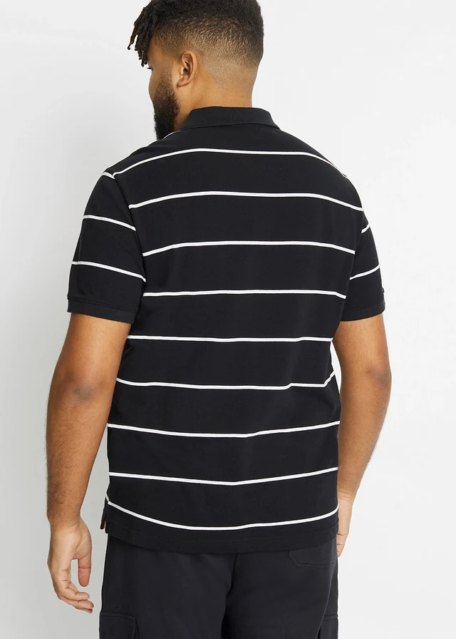 Lot de 2 polos en maille piquée, 100% coton, Couleur: noir/blanc rayé + noir uni