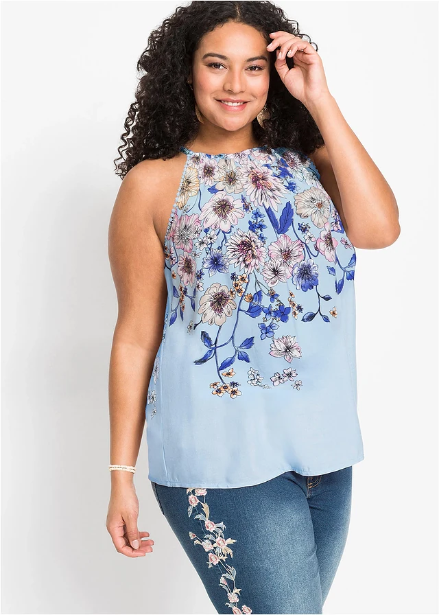 Blousetop van vloeiende viscose, Kleur: lichtblauw gebloemd