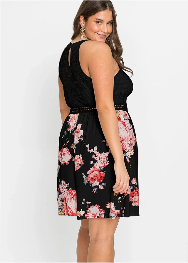 Robe en jersey avec dentelle, Couleur: noir/rose floral