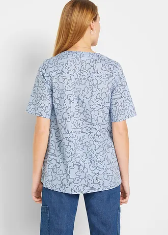 Blouse longue 100% coton, Couleur: bleu nacré/bleu foncé floral