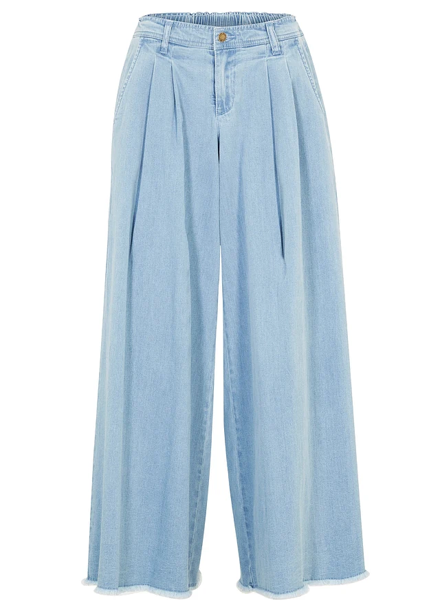 Jupe-culotte large en jean, taille élastiquée, Couleur: bleu clair denim