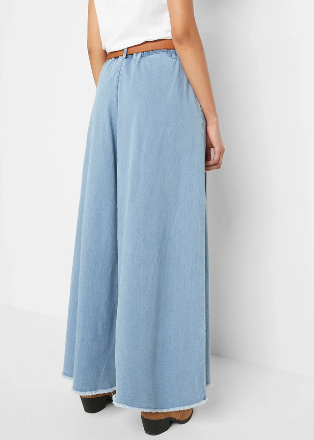 Jupe-culotte large en jean, taille élastiquée, Couleur: bleu clair denim