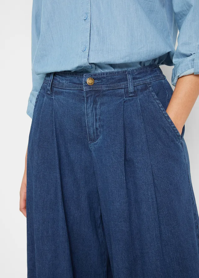 Wijde jeans broekrok, elastische tailleband • blue stone • product-page.page-title-suffix