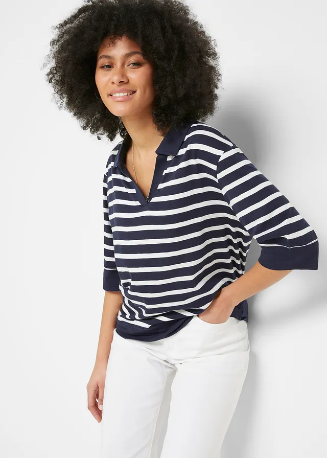 Polo en mélange coton-viscose, Couleur: bleu foncé-blanc rayé