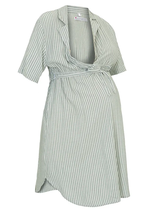 Těhotenské a kojicí halenkové šaty ze splývavé viskózy • přírodní bílo-tmavě zelená • bonprix obchod