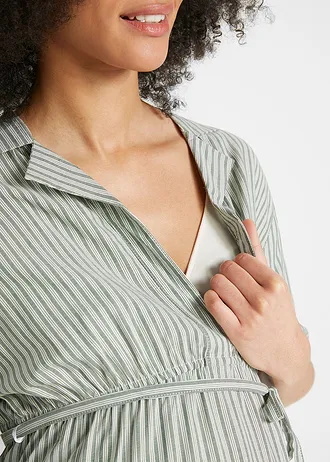 Těhotenské a kojicí halenkové šaty ze splývavé viskózy • přírodní bílo-tmavě zelená • bonprix obchod