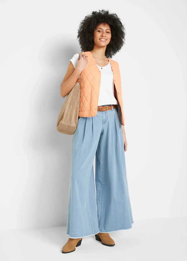 Jupe-culotte large en jean, taille élastiquée, Couleur: bleu clair denim