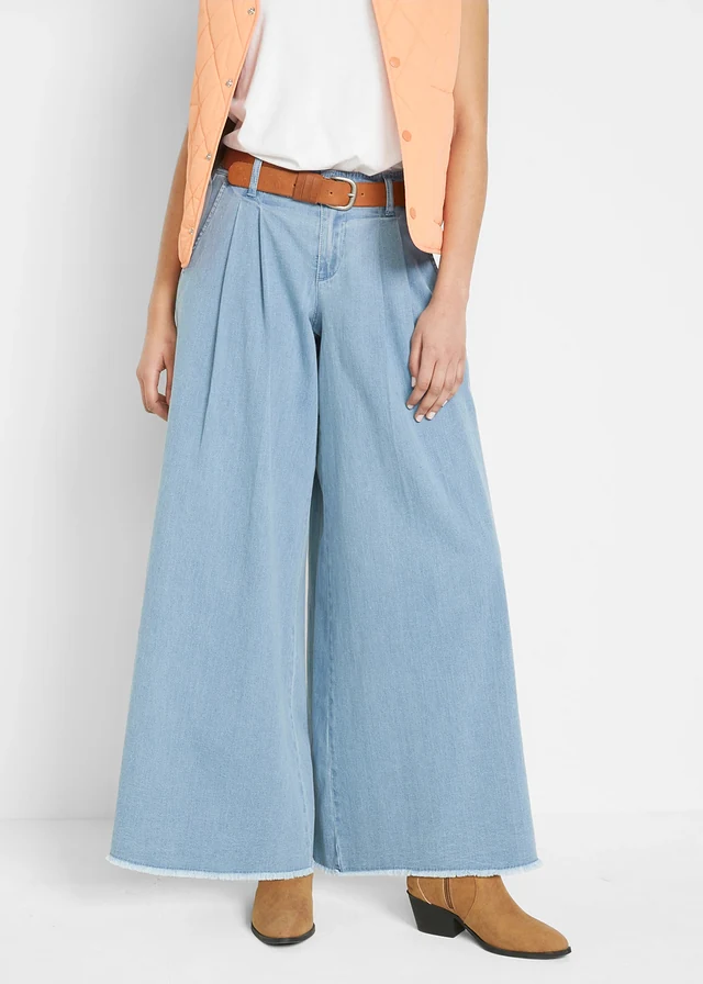 Jupe-culotte large en jean, taille élastiquée, Couleur: bleu clair denim