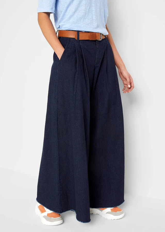 Jupe-culotte large en jean, taille élastiquée, Couleur: bleu foncé denim