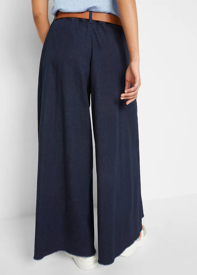 Wijde jeans broekrok, elastische tailleband, Kleur: donkerblauw denim