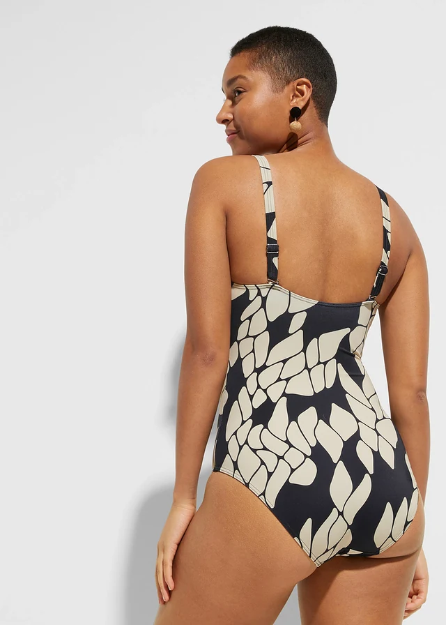 Medium corrigerend badpak met een V-hals, Kleur: zwart/beige met print