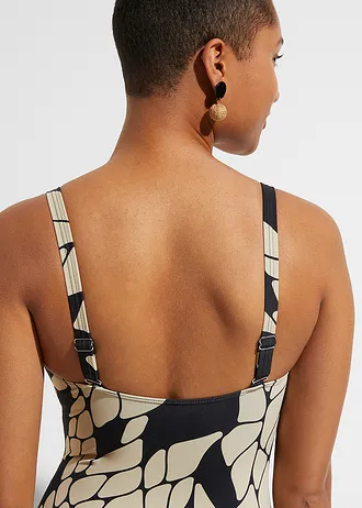 Costum de baie cu decolteu în V, cu efect de modelare mediu • negru/bej • magazin bonprix