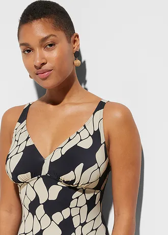 Maillot 1 pièce sculptant à col en V, maintien modéré, Couleur: noir-beige imprimé