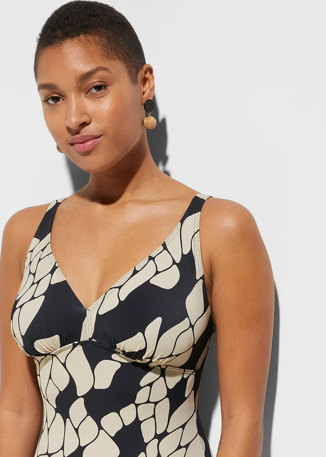 Medium corrigerend badpak met een V-hals, Kleur: zwart/beige met print